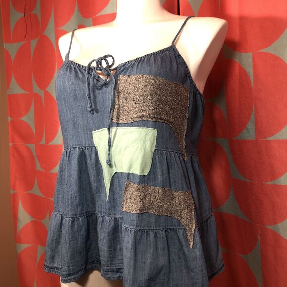 OOAK Upcycled Old Navy Denim Cami Tank Adjustable Straps Handmade Large Texts - Picture 2 of 9